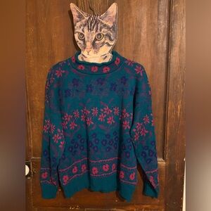 Vintage 80’s Floral Patterned Sweater - Teal and Pink